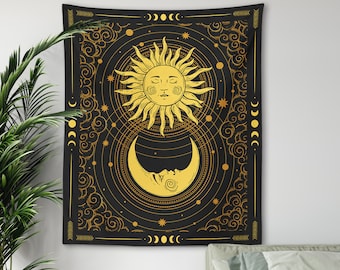 Sun Moon Tapestry Black and Yellow Celestial Mystical Wall Hanging Witchy Gothic Bohemian Decor Crescent Moon Antique Sun Face Meditation
