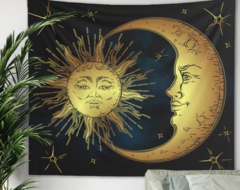 Antik sol- och måneansikte-gobeläng himmelsk boho väggbonad stjärnklar natt meditation gotisk häxa astrologi vintage måndekor