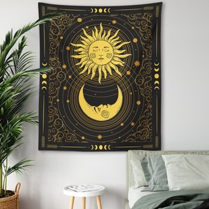 Sun Moon Tapestry Black and Yellow Celestial Mystical Wall Hanging Witchy Gothic Bohemian Decor Crescent Moon Antique Sun Face Meditation