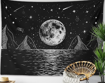 Moon Lake Tapestry Full Moon Celestial Night Sky Astrology Constellations Boho Witchy Decor Luna Sea Mountains Gothic Landscape Wall Hanging