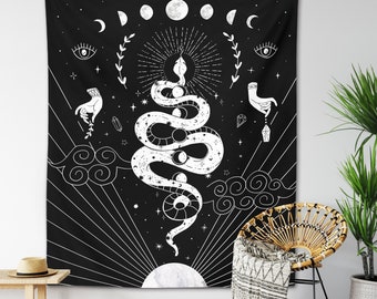 Witchy Snake Tapestry Celestial Wiccan Wall Hanging Sun and Moon Phases Tarot Crystals Stars Serpentine Art Mystical Altar Cloth Home Decor