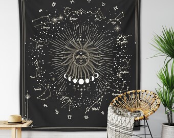 Constellations Tapestry Astrology Sun Moon Wall Hanging Astrological Signs Zodiac Black Universe Celestial Wicca Gothic Tarot Witchy Decor