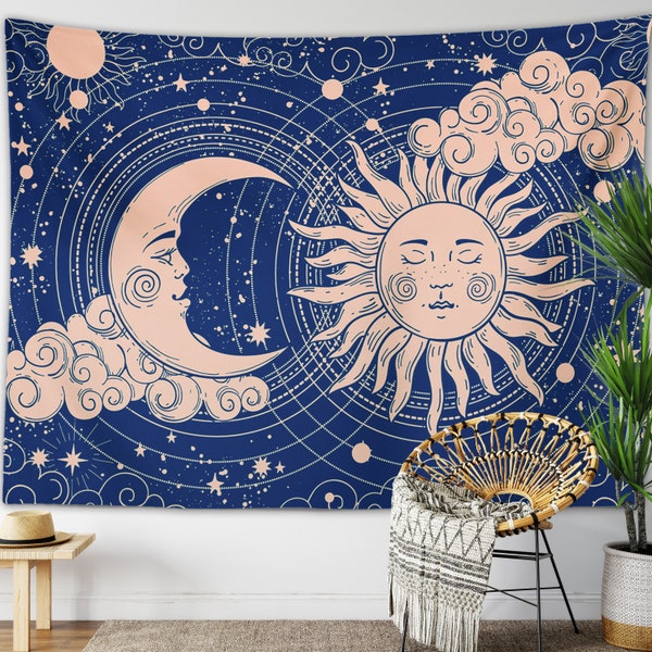 Soleil Lune Tapisserie Bleu Ciel Céleste Mur Suspendu Nuages Boho Yoga Méditation Mystique Soleil et Lune Visage Sorcière Wicca Boho Dortoir Décor