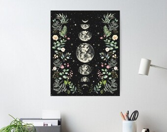 Maanverlichte Tuin Poster Maanfasen Premium Materie Print Maan Bloemen Rose Tuin Nacht Hemel Sterren Boho Gotische Planeten Illustratie Print