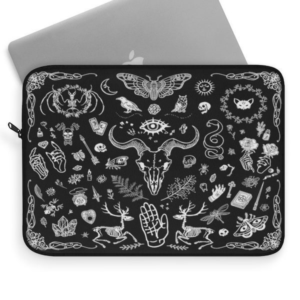 Witchy Laptop Sleeve Witchcraft Gothic Laptop Macbook Pro Macbook Air 12" 13" 15" Laptop Sleeve Bag Case Moths Moon Bird Skull Skeletons Art