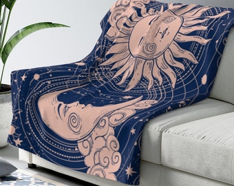 Zon Maan Zachte Pluizige Deken Blauwe Hemelse Hemel Gooi Wolken Boho Yoga Meditatie Mystieke Zon en Maan Gezicht Heksen Wicca Boho Decor