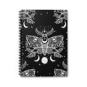 Celestial Moth Spiral Notebook - Ruled Lined Black Gothic Moon Journal Witchy Diary Wicca Mystical Butterfly Astrology Constellations Gift