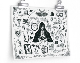 Witchy Gothic Poster Professional Witch Kit Magic Esoteric Premium Matte Print Wall Art Incantesimi Crystal Bowl Falena Luna Teschio Tarocchi Decorazioni da parete