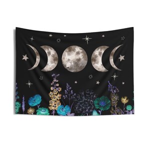 Moon Phases Tapestry Starry Night Floral Wall Hanging Sun Moon Decor Celestial Wildflowers Cyanotype Bohemian Mystical Astrology Eclipse image 6