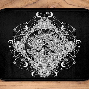 Moon Goddess Bath Mat Moon Mandala Gothic Celestial Crescent Moon Starry Night Meditation Gothic Mystical Witchy Bathroom Decor