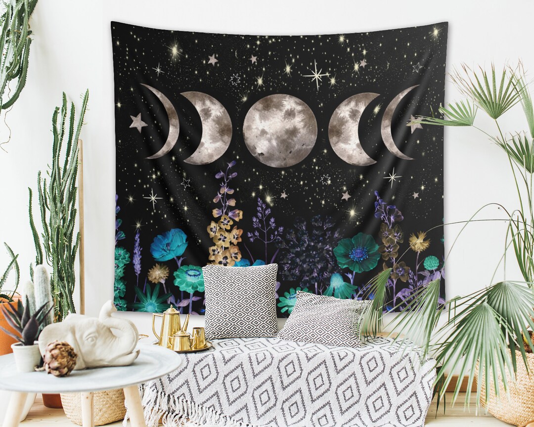 Moon Phases Starry Night Tapestry Floral Moonlit Garden Wall Hanging ...