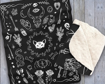 Gothic Witchy Decke Soft Fluffy Witchcraft Throw Magic Moon Skulls Sphynx Katze Black Goth Wicca Altar Hexendecke