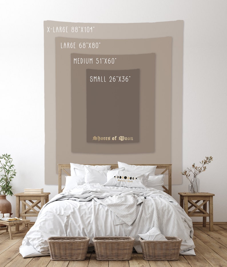 May include: A tapestry with the text "Shores of Moon" in a gold script font. The tapestry is shown in four different sizes: X-Large (88" x 104"), Large (68" x 80"), Medium (51" x 60"), and Small (26" x 36"). The tapestry is displayed on a wall behind a bed with white bedding.
