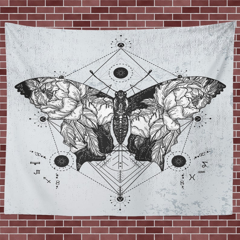 Butterfly Tapestry Moths Wall Hanging Black And White Gothic Etsy