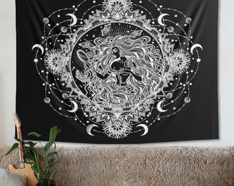 Moon Goddess Mandala Black White MOON Mandala Tapestry Celestial Wall Hanging Meditation Yoga Decor