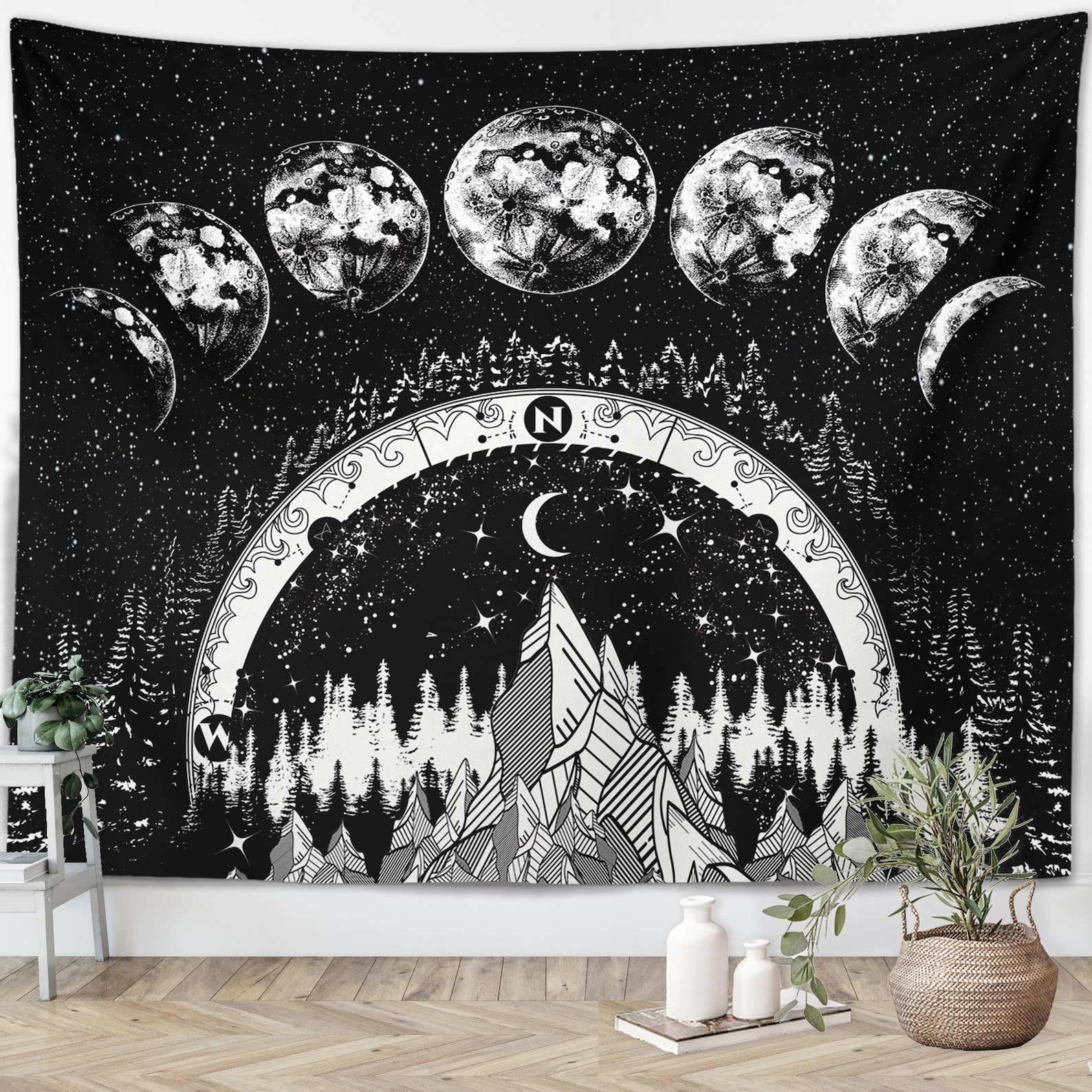 Moon Phases Tapestry Starry Night Wall Hanging Moon Landscape | Etsy