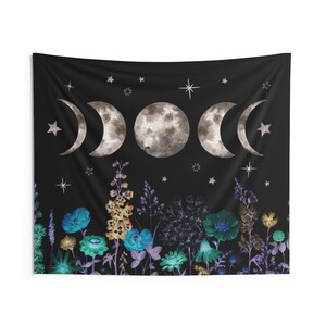 Moon Phases Tapestry Starry Night Floral Wall Hanging Sun Moon Decor Celestial Wildflowers Cyanotype Bohemian Mystical Astrology Eclipse image 7