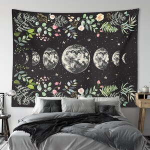 Moonlit Garden Tapestry Moon Phases Wall Hanging Floral Lunar Night Sky ...
