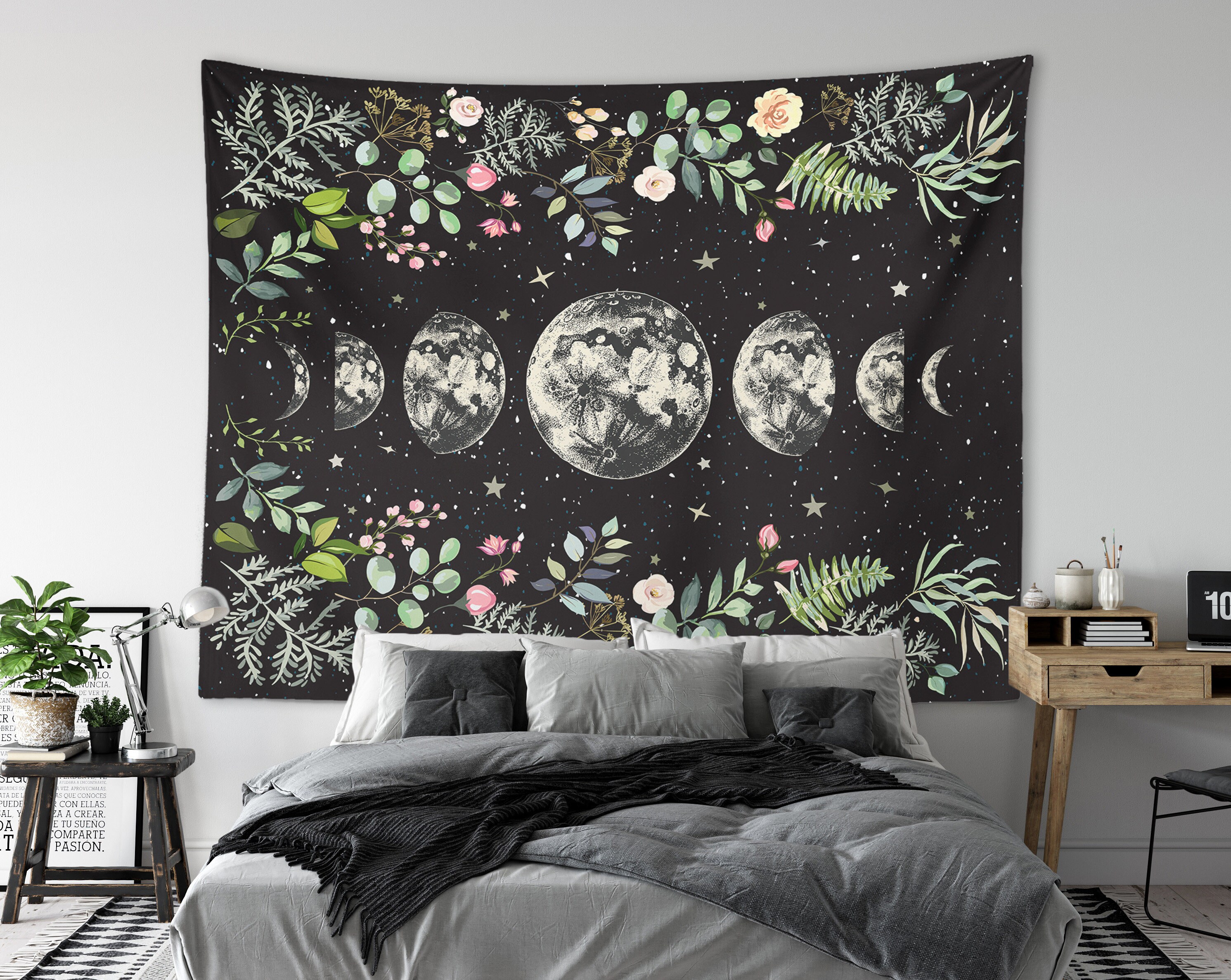 Moonlit Garden Tapestry Moon Phases Wall Hanging Floral Lunar - Etsy Canada