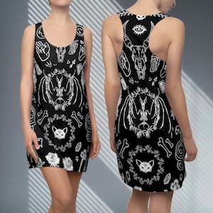 Witchy Tank Dress Gothic Witchcraft Wicca Pagan Sorceress Skulls Skeletons Black Cat Sphynx Spooky Halloween Sleeveless Racerback Dress