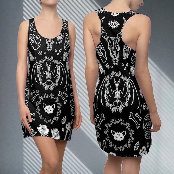 Vestido de tanque brujo gótico Brujería Wicca Pagana Hechicera Calaveras Esqueletos Gato negro Sphynx Espeluznante Halloween Sin mangas Vestido de racerback