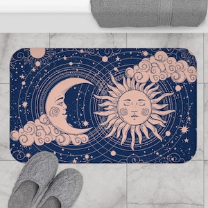 Sun and Moon Bath Mat Blue Celestial Bathroom Decor Clouds Bohemian Yoga Meditation Mystical Sun Moon Face Witchy Wicca Boho Home Decor