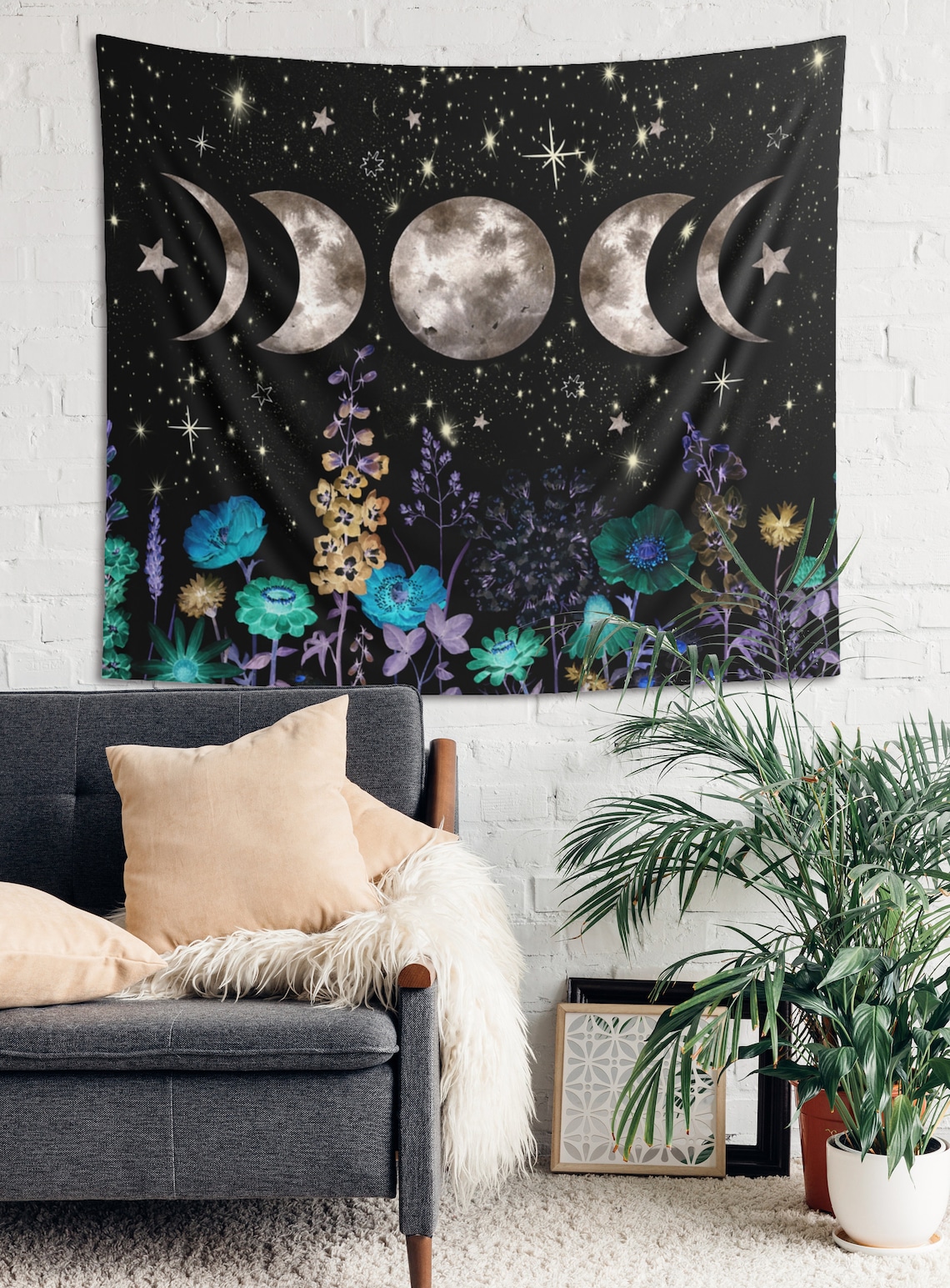 Moon Phases Starry Night Tapestry Floral Moonlit Garden Wall Hanging ...