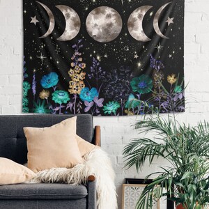 Moon Phases Starry Night Tapestry Floral Moonlit Garden Wall Hanging ...