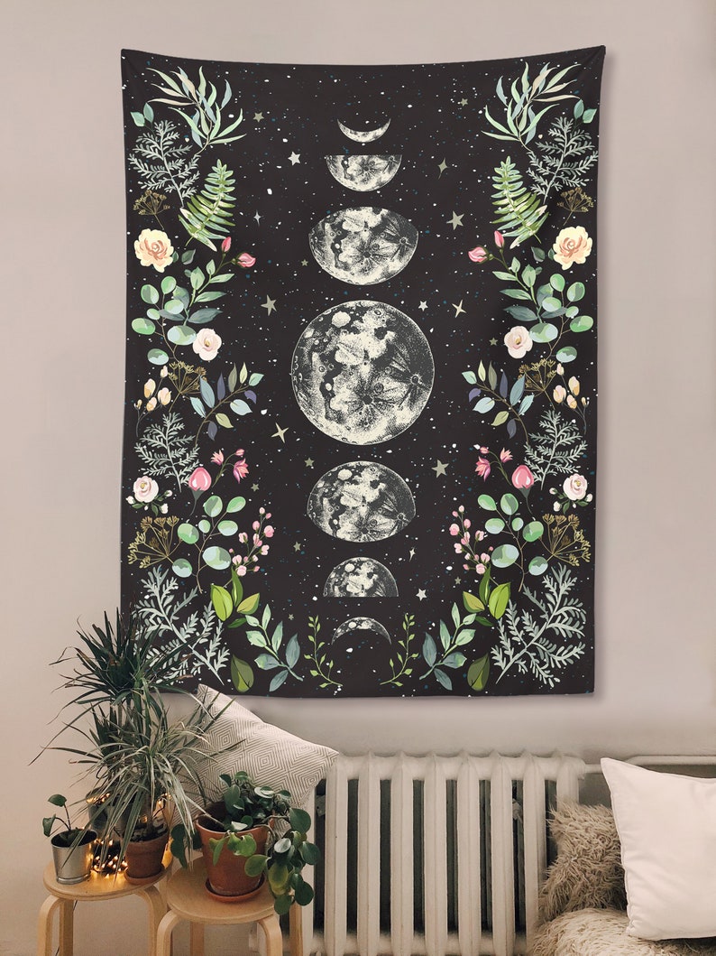 Moonlit Garden Tapestry Moon Phases Wall Hanging Floral Lunar - Etsy Canada