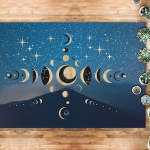 Luna Mountain Area Rug - Celestial Moon Phases Blue Carpet Eclipse Astrology Floor Mat Witchy Starry Night Mystical Lunar Rug