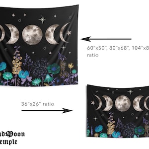 Moon Phases Tapestry Starry Night Floral Wall Hanging Sun Moon Decor Celestial Wildflowers Cyanotype Bohemian Mystical Astrology Eclipse image 4