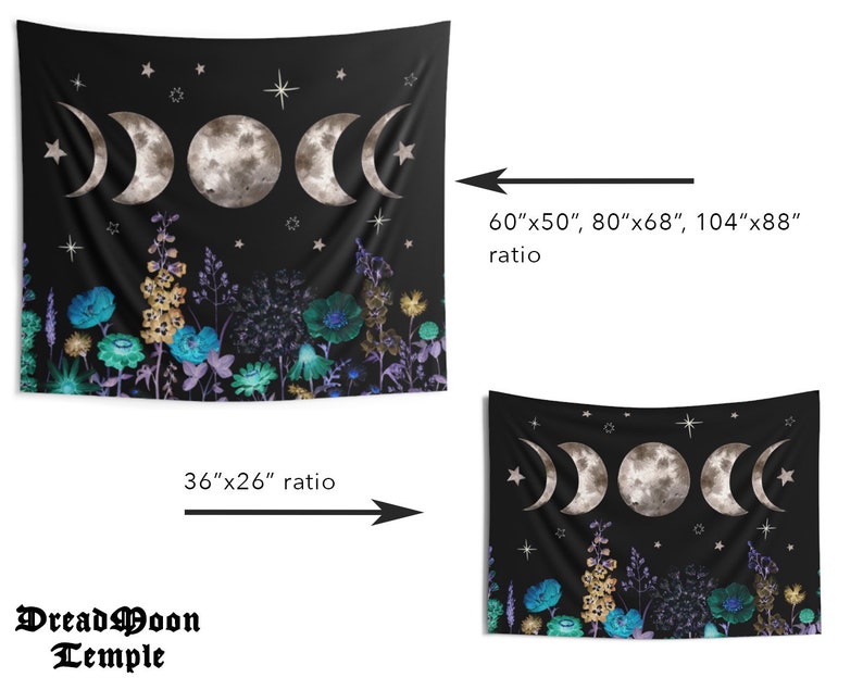 Moon Phases Tapestry Starry Night Floral Wall Hanging Sun Moon Decor Celestial Wildflowers Cyanotype Bohemian Mystical Astrology Eclipse image 4