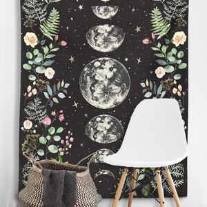 Moonlit Garden Tapestry Moon Phases Wall Hanging Floral Lunar Night Sky ...
