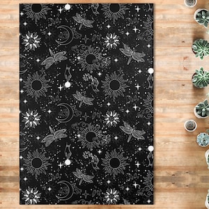 Celestial Moon Area Rug Moth Dragonfly Gothic Witchy Witchcraft home decor Goth floor mat Astrology Black Sun and Moon Carpet Stars Decor