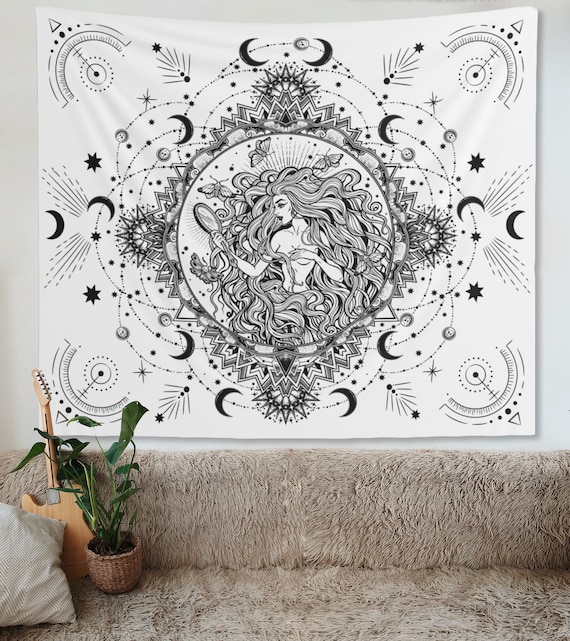 Moon Goddess Tapestry Black White Moon Mandala Wall Hanging