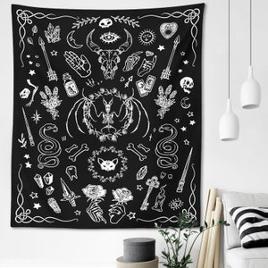 Witchcraft Tapestry Gothic Witchy Wall Hanging Skeletons Skulls Halloween Decor Black Magic Wicca Witch Kit Altar Cloth Dorm Goth Print