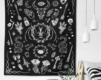 Witchcraft Tapestry Gothic Witchy Wall Hanging Skeletons Skulls Halloween Decor Black Magic Wicca Witch Kit Altar Cloth Dorm Goth Print