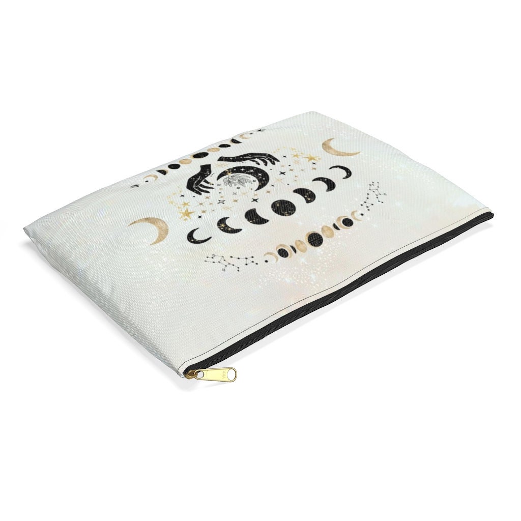 Celestial Accessory Pouch - Moon Phases Cosmetic Bag Beige White Lunar ...