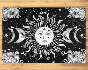 Magic Sun Area Rug Black And White Celestial Bohemian Rug Luna Floor Mat Gothic Home Decor Galaxy Stars Carpet Starry Night Sun And Moon