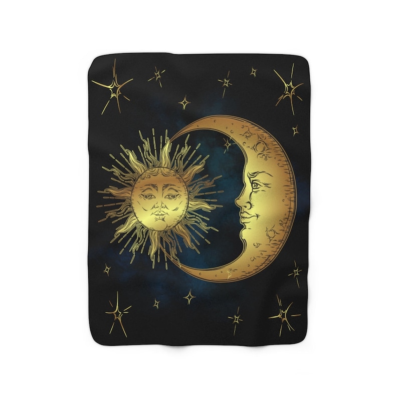 May include: A gold sun and crescent moon with faces on a black background with gold stars.