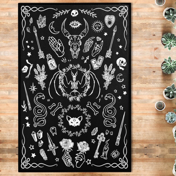 Dywan Witchy Area Czarny Gotycki Czarodziejski Halloween Mata Podłogowa Okultystyczne Czaszki Zwierząt Szkielety Ouija Kryształy Zaklęcia Ołtarz Czarodzieja Dekoracja