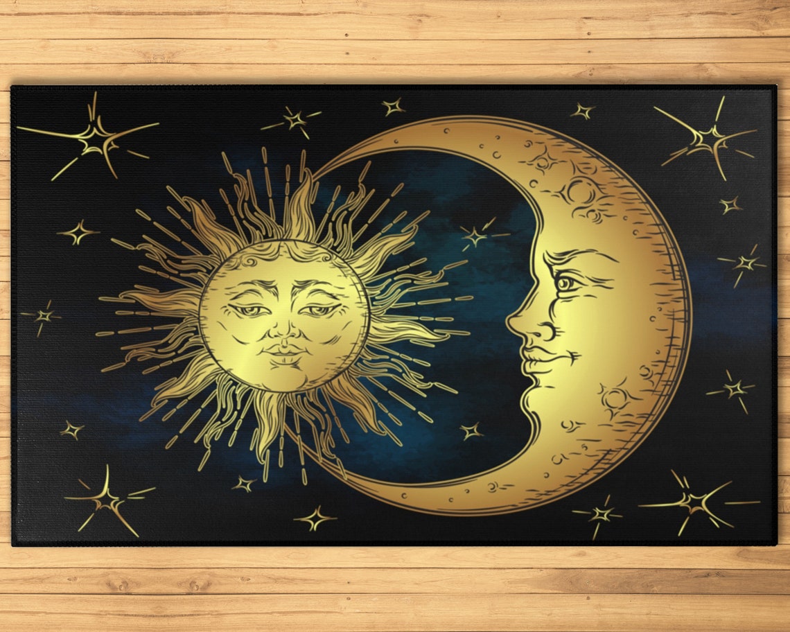 Yellow Moon Rug Sun and Moon Area Rug Celestial Crescent Moon Carpet Golden Sun Antique ...