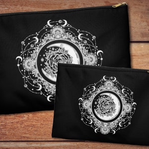 Lua mandala moeda bolsa-preto branco místico gótico bruxa acessório bolsa boho saco cosmético wicca magia crescente lua lápis caso