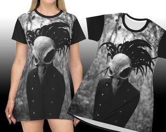 Bird Skull Dress Gothic Horror Fantasy All Over Print T-Shirt Dress Dark Goth Apparel Horror Print Summer Dress Casual Grunge Dress