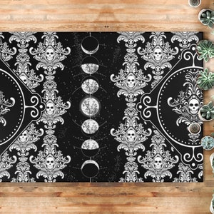 Skull & Luna Area Rug Moon Phases Spooky Skulls Damask Floor Mat Gothic Witchy Wicca Pagan Black and White Mystical Dead Ornate Home Decor