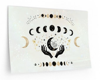 Calcomanía de pared lunar celestial - Fases lunares Astrología Manos mágicas Estrellas Crescent Witchy Decoración de pared mística Decoración estrellada de pared lunar