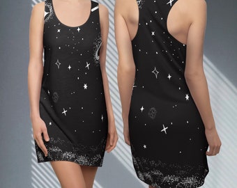 Starry Night Tank Dress Gothic Boho Witchy Wicca Celestial Bohemian Black Stars Galaxy Witchcraft Goth Girl Astrology Grunge Racerback Dress