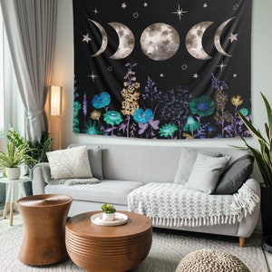 Moon Phases Tapestry Starry Night Floral Wall Hanging Sun Moon Decor Celestial Wildflowers Cyanotype Bohemian Mystical Astrology Eclipse image 2