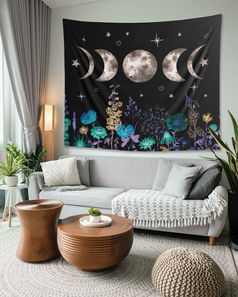 Moon Phases Tapestry Starry Night Floral Wall Hanging Sun Moon Decor Celestial Wildflowers Cyanotype Bohemian Mystical Astrology Eclipse image 2