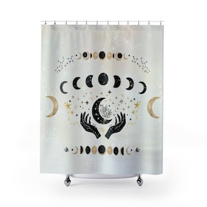 Celestial Shower Curtain - Moon Phases Mystical Witchy Wicca Magic Lunar Phases Astrology Constellations Beige Black Moon Bathroom Decor
